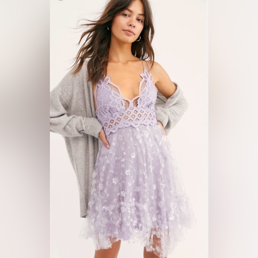 Free People Adella Sequin Lace Slip Purple Dress Size M EUC